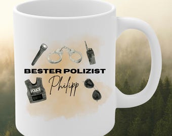 May include: A white ceramic mug featuring a watercolor-style graphic of police equipment including a flashlight, handcuffs, a radio, a vest labeled POLICE, and sunglasses. The text reads BESTER POLIZIST and the name Philipp in black script.