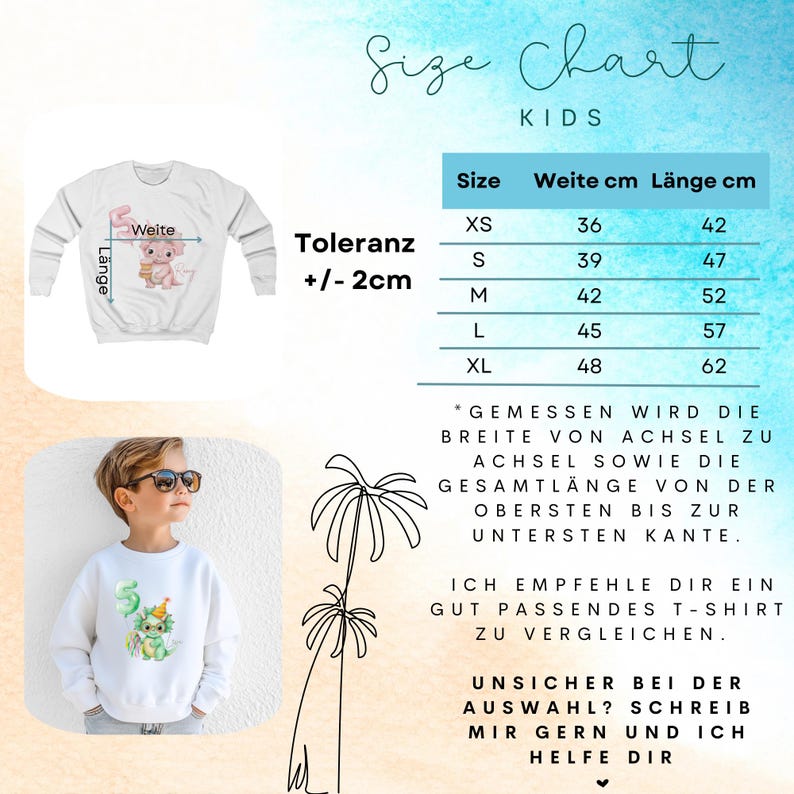 May include: White kids' sweatshirt with a cartoon illustration and the number 5. The image also includes a size chart with measurements in centimeters, and text in German. The chart lists sizes XS to XL with corresponding width and length measurements.