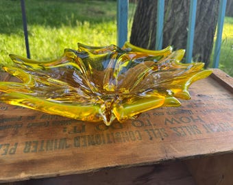 Vintage Amber Art Glass Freeform Bowl | Mid Century Modern Sculptural Centerpiece | Viking Style Biomorphic Glass
