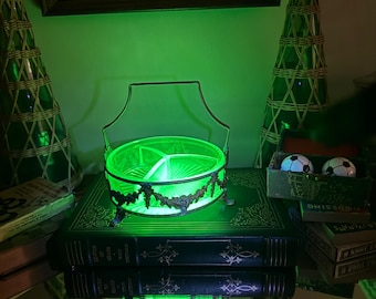 Antique Victorian Uranium Glass Divided Serving Basket | Ornate Silverplate Bon Bon Server | UV Reactive Vaseline Glass