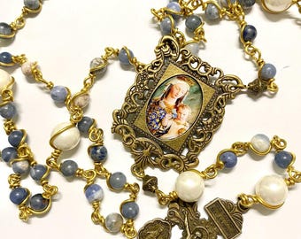 Blue Rosary with Pearls & Virgin and Child Medallion – Consuelo del Exilio – Handmade Byzantine Rosary