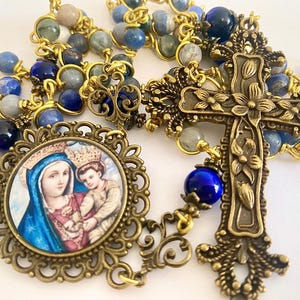 Handmade Catholic Rosary – “Regina Caeli Lapislázuli” – Blue Beads – Bronze Crucifix – Virgin Mary Medal – Reversible Medal