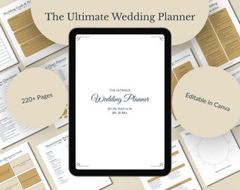 Könnte beinhalten: Ein digitaler Hochzeitsplaner auf einem Tablet, umgeben von zugehörigen Dokumenten. Das Tablet zeigt "The Ultimate Wedding Planner" mit dem Text "for the Soon to be Mr. & Mrs." Zusätzlicher Text enthält "220+ Pages" und "Editable in Canva."