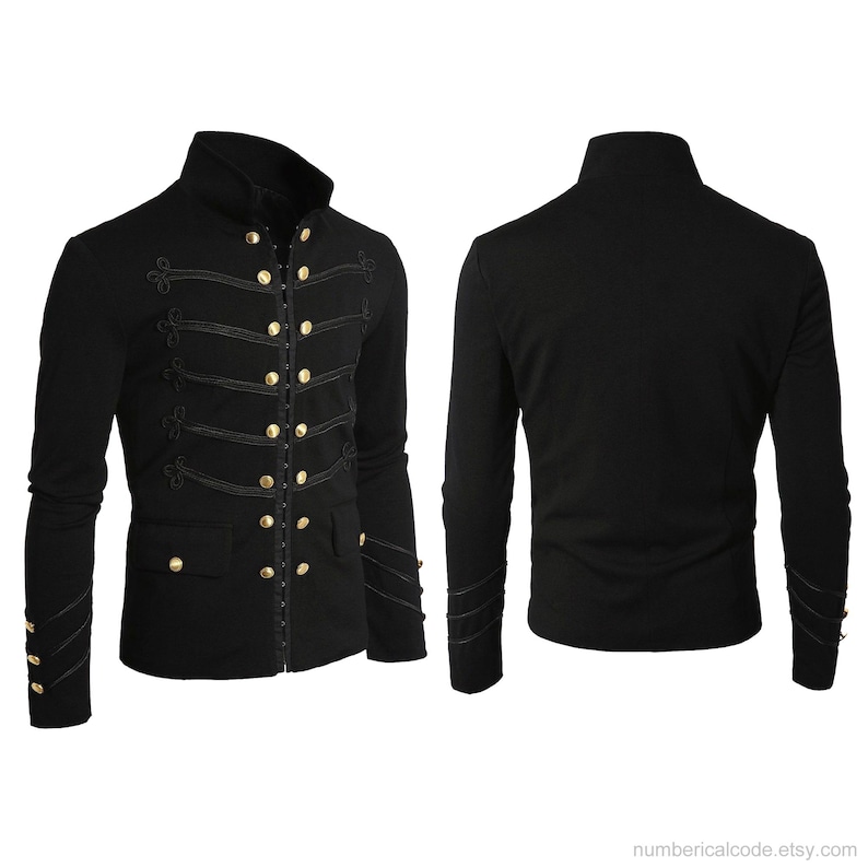 Mens Unique Modern Black Embroidery Black Military Napoleon Hook Jacket