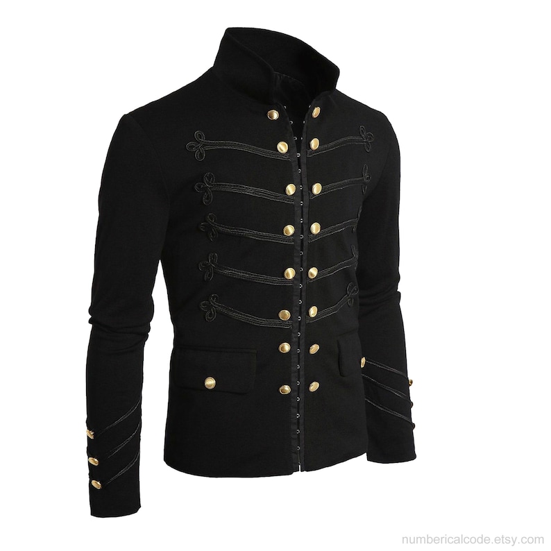 Mens Unique Modern Black Embroidery Black Military Napoleon Hook Jacket