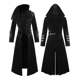 May include: A long black coat with a distinctive design, featuring a high collar, multiple buttons, and decorative straps on the sleeves. The coat has a hood and a split in the back, offering a gothic or steampunk aesthetic.