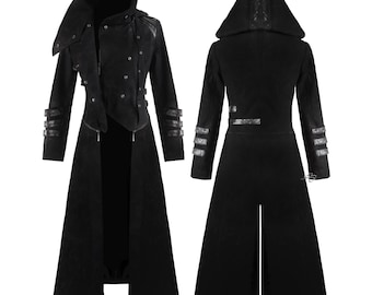 Men's Black Steampunk Military Trench Jacket Gothic Long Coat Scorpion Hooded Trench