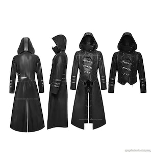 May include: Black hooded coat displayed from multiple angles. The coat has a long design with a button-up front, decorative metal accents, and a hood. The sleeves have decorative bands. The coat is made of a dark material.