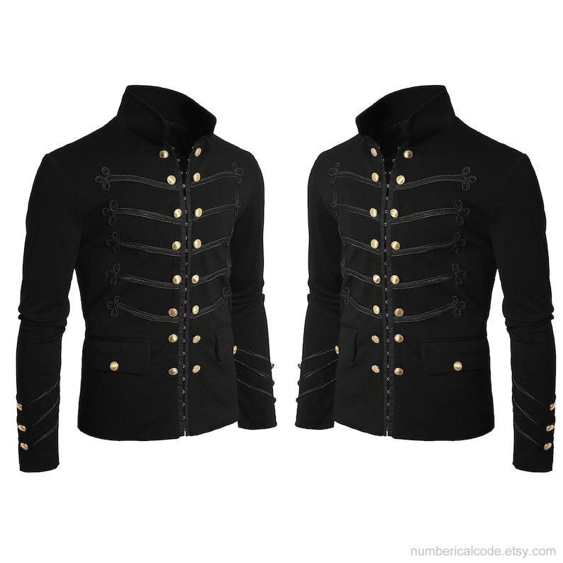 Mens Unique Modern Black Embroidery Black Military Napoleon Hook Jacket