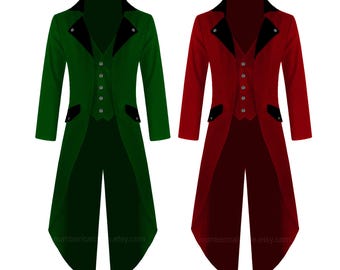 Men's Steampunk Tailcoat Jacket Red & Green Colors with Black Lapels Gothic Victorian Coat VTG