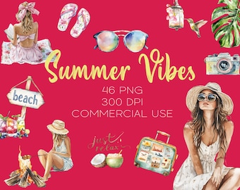 Clipart de verano en acuarela: Imágenes PNG de vacaciones (descarga digital)
