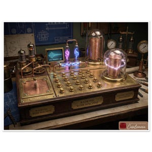 May include: A detailed image of a steampunk-style machine with brass accents and a wooden base. The machine features glass domes, glowing coils, and a small screen displaying a waveform. The text "Radionic Wish Machine" is visible.