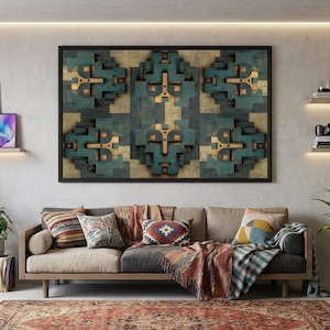 May include: A living room scene with a sofa, artwork, and plants. The sofa has throw pillows and a blanket. A large piece of abstract art hangs above the sofa. Shelves with books and decor are on the wall. Plants in pots add greenery.