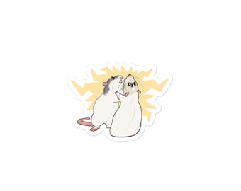 May include: Two white rats with pink noses and black eyes are facing each other with their mouths open, as if they are screaming. They are surrounded by a yellow lightning bolt design.