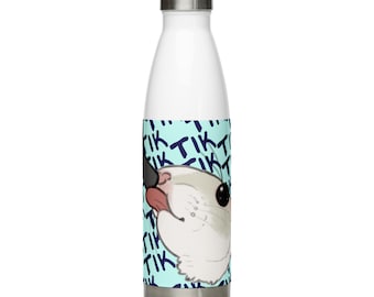 May include: A white stainless steel water bottle with a blue and white design featuring a cartoon image of a white bird with a black eye and a pink tongue. The design is repeated on the bottle and includes the word "Tik" in a blue font.