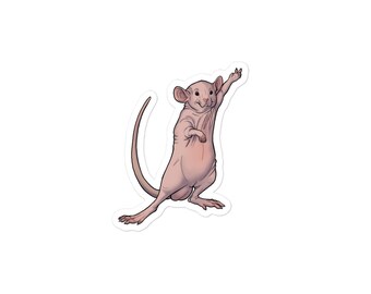 May include: A pink hairless rat with a long tail stands on its hind legs and waves with its front paw. The rat has a friendly expression on its face.