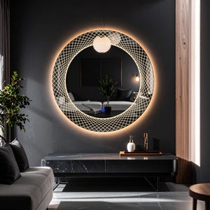 Trivon, ronde led-spiegel met aanraaksensor, dimbaar amber en wit licht, moderne badkamerspiegel, decoratieve make-upspiegel