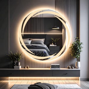 Wervelwind, ronde led-spiegel met aanraaksensor, dimbaar amber en wit licht, moderne badkamerspiegel, decoratieve make-upspiegel