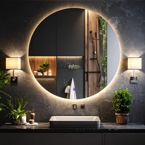 Werveling, ronde led-spiegel met aanraaksensor, dimbaar amber en wit licht, moderne badkamerspiegel, decoratieve make-upspiegel