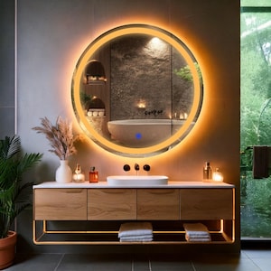 Aura, ronde led-spiegel met aanraaksensor, dimbaar amber en wit licht, moderne badkamerspiegel, decoratieve make-upspiegel