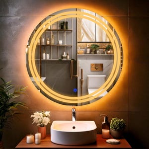Luna, ronde led-spiegel met aanraaksensor, dimbaar amber en wit licht, moderne badkamerspiegel, decoratieve make-upspiegel