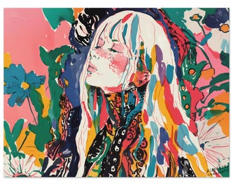 Dreamlike Floral Wall Art Print – Bold Feminine Portrait (32x24" / 80x60 cm Unframed)