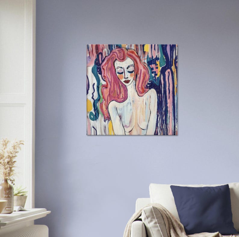 May include: A colorful painting of a woman with long pink hair and closed eyes. The artwork features a nude figure with a light skin tone, set against a backdrop of abstract, vertical brushstrokes in various colors, including blue, pink, and yellow.
