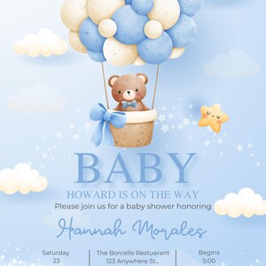Blue Hot Air Balloon Baby Boy Shower Invitation - Printable & Editable Digital Invite