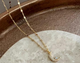 Opal Crescent Moon Necklace CZ Moon Pendant  Necklace Moon Charm Dainty Celestial Jewelry
