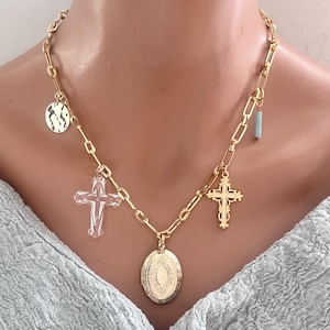 Gold Multi Charm Necklace Cross Necklace Gold Charm Necklace Multiple Charm Necklace For Women Gemstone