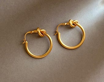 Matte Gold Knot Hoop Earrings, 14K Matte Gold Plated Hoops, Minimalist Knot Earrings, Antique Gold Statement Hoops Unique Everyday Earrings