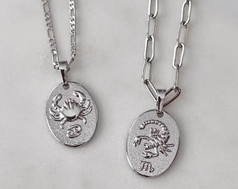 Silver Zodiac Charm Necklace, Personalized Astrology Necklace, Horoscope Jewelry, Star Sign Necklace, Celestial Pendant Necklace, Rhodium