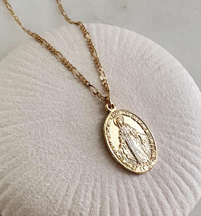 Gold Miraculous Medal Necklace • Virgin Mary Pendant • Gold Saint Mary ...