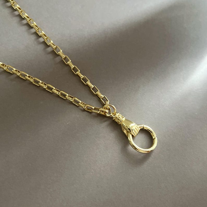 18K Gold Filled Hand Carabiner Necklace, Vintage Push Lock Charm Holder Necklace, Sculptural Hand Clasp Necklace, Box Chain, Push Gate Clasp image 5
