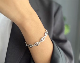 Puffed Mariner Anchor Chain Bracelet | 10x15mm Unisex Bracelet | Rhodium or 24K Gold Plated | Minimal Statement Chain | Chunky Link Bracelet