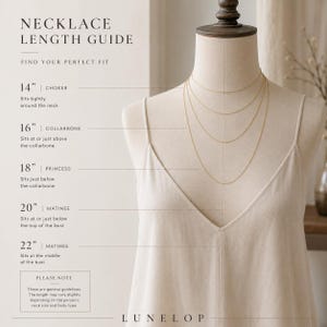 May include: A necklace length guide featuring a mannequin wearing five thin gold chains of varying lengths. Text labels indicate 14, 16, 18, 20, and 22 inches with descriptions of where each chain sits on the body. The brand name LUNELOP is at the bottom.