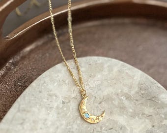 Opal Crescent Moon Necklace •  Crescent Moon Pendant Necklace • Vintage Style Opal  Jewelry • Dainty Celestial Charm  • Holiday Gift For Her
