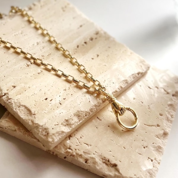 18K Gold Filled Hand Carabiner Necklace, Vintage Push Lock Charm Holder Necklace, Sculptural Hand Clasp Necklace, Box Chain, Push Gate Clasp