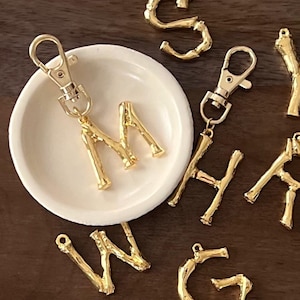 Può includere: Portachiavi in metallo color oro con le lettere M, H, W e G. I portachiavi hanno un design strutturato e organico e sono attaccati a un fermaglio. La lettera M è esposta su un piccolo piatto rotondo bianco.