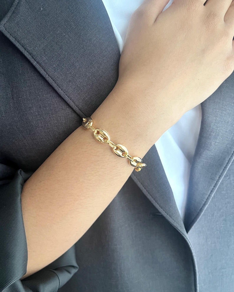 Gold Puffed Mariner Anchor Chain Bracelet • Minimal Unisex Bracelet • 24K Gold Plated Chain •Minimalist Statement Bracelet • Chunky Link image 2