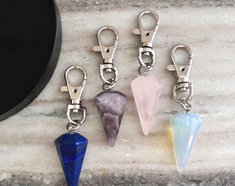 Natural Gemstone Point Keychain Rose Quartz, Amethyst, Opalite, Lapis Lazuli | Crystal Pendulum Pendant Bag Charm | Healing Stone Key Chain