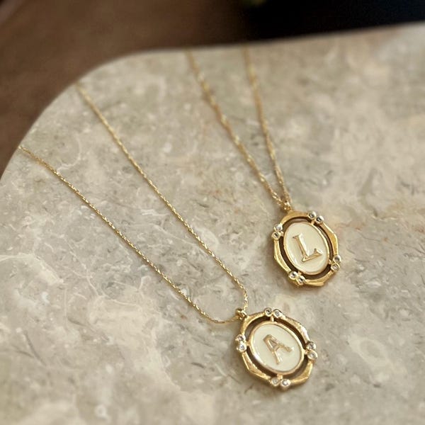 Gold Initial Necklace with CZ Personalized Monogram Necklace Gold Letter Necklace Dainty Custome Necklace 24K Gold Plated Vintage Style