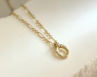18K Gold Filled Oval Carabiner Necklace, Charm Holder Necklace, Push Gate Clasp Pendant | Station Paperclip Chain, Dainty Minimalist Jewelry