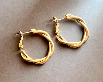 Matte Gold Twisted Hoop Earrings, 14K Gold Plated Minimalist Hoops, Lightweight Hollow Round Hoops,  Dainty Everyday Earrings, Gift for Her