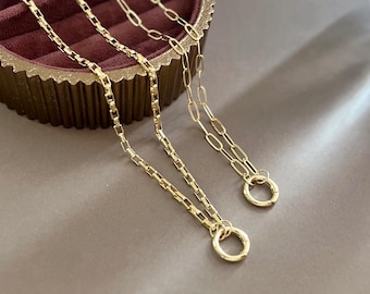 18K Gold Filled Round Carabiner Necklace, Paperclip Chain Box Chain, Charm Holder Necklace, 15mm Circle Carabiner Clasp, Minimalist Jewelry