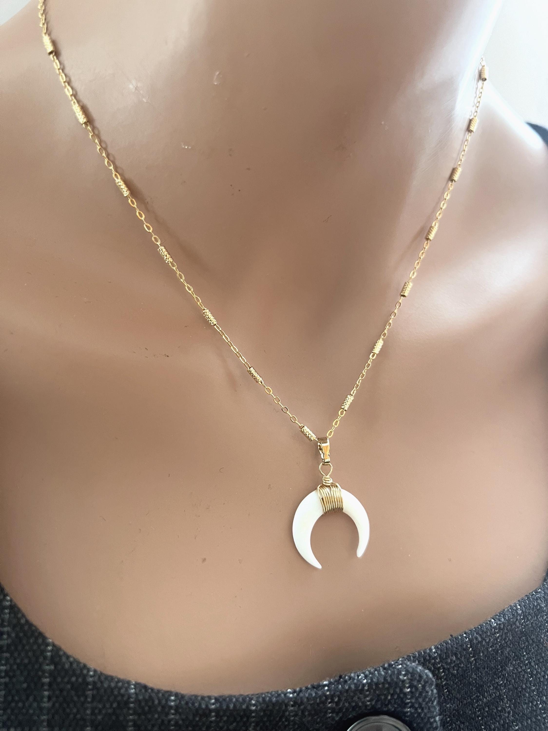Shell Crescent Necklace • Horn Tusk Pendant • Gold Moon Shell Necklace ...