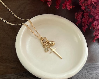 Delicate Gold Cross Charm Necklace • Multi Charm Necklace for Women • CZ Dainty Necklace • Teardrop Charm Necklace • Christian Jewelry Gift