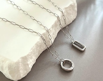 Silver Carabiner Necklace, 14mm Round Carabiner, 15 x 8mm Oval Carabiner, Charm Holder Jewelry, Japanese Push Door Clasp, Rhodium Plated