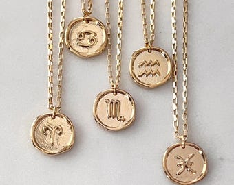 Gold Zodiac Charm Necklace • Zodiac Pendant • 14K Gold Plated Astrology Necklace • Personalized Zodiac Gift for Her • Horoscope Necklace