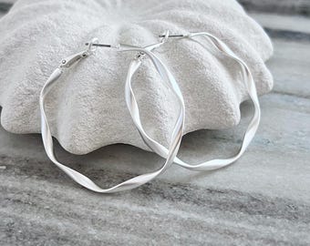 Matte Silver Wavy Hoop Earrings • 50mm Twisted Silver Hoops • Lightweight Sculptural Hoop Earrings • Modern Minimalist Jewelry •Gift For Her